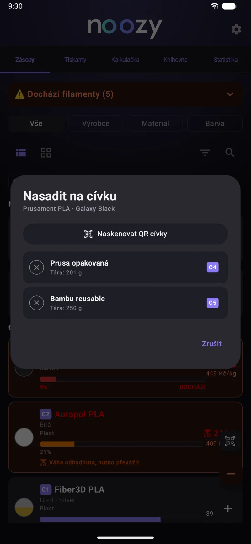 Nasazení náplně filamentu na prázdnou cívku s uvedenou tárou