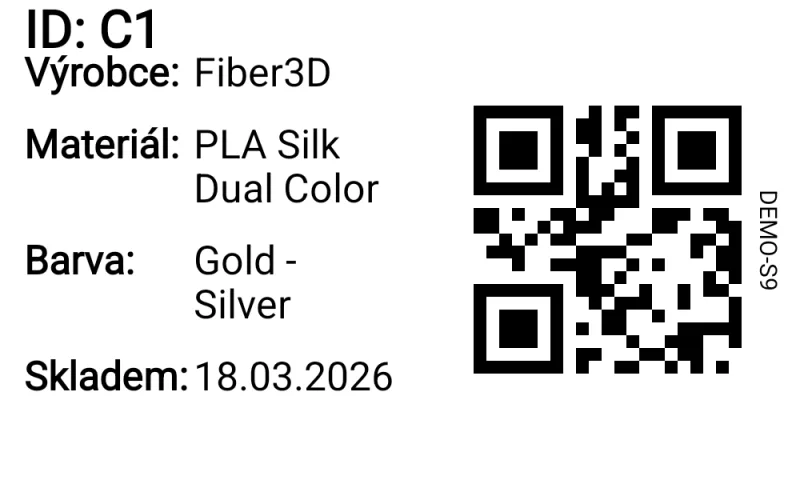 Náhled QR štítku na cívku s ručním ID, výrobcem, materiálem a barvou